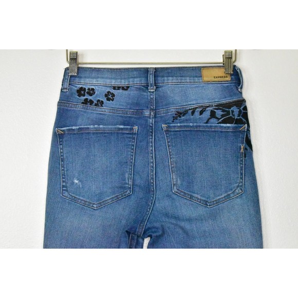 Express Ankle Legging Super High Rise Raw Hem Jeans 4 Stretch Denim Embroidered - Picture 11 of 15